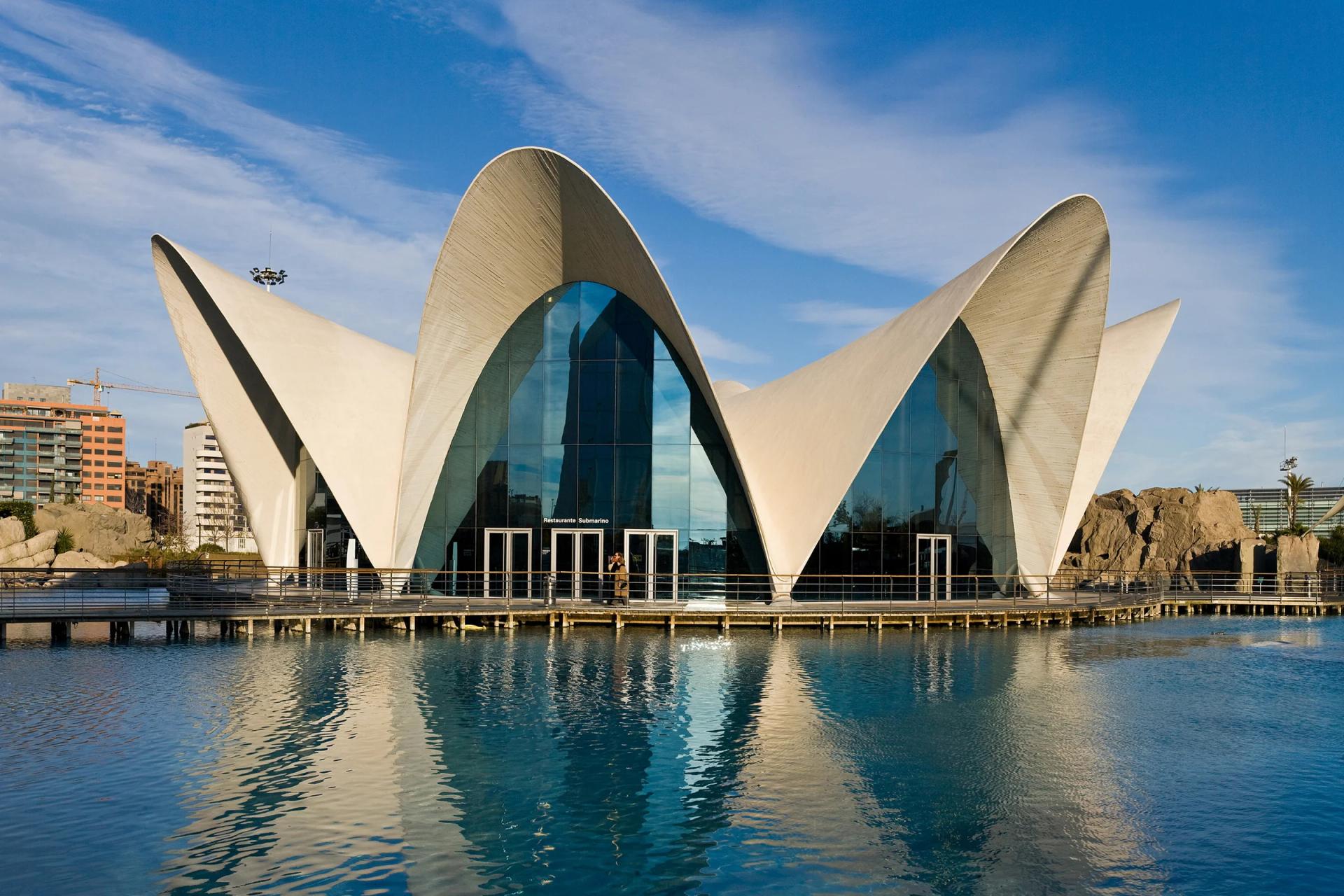 El edificio del restaurante del Oceanogràfic, con sus cubiertas blancas en forma de nenúfar reflejadas en el agua
