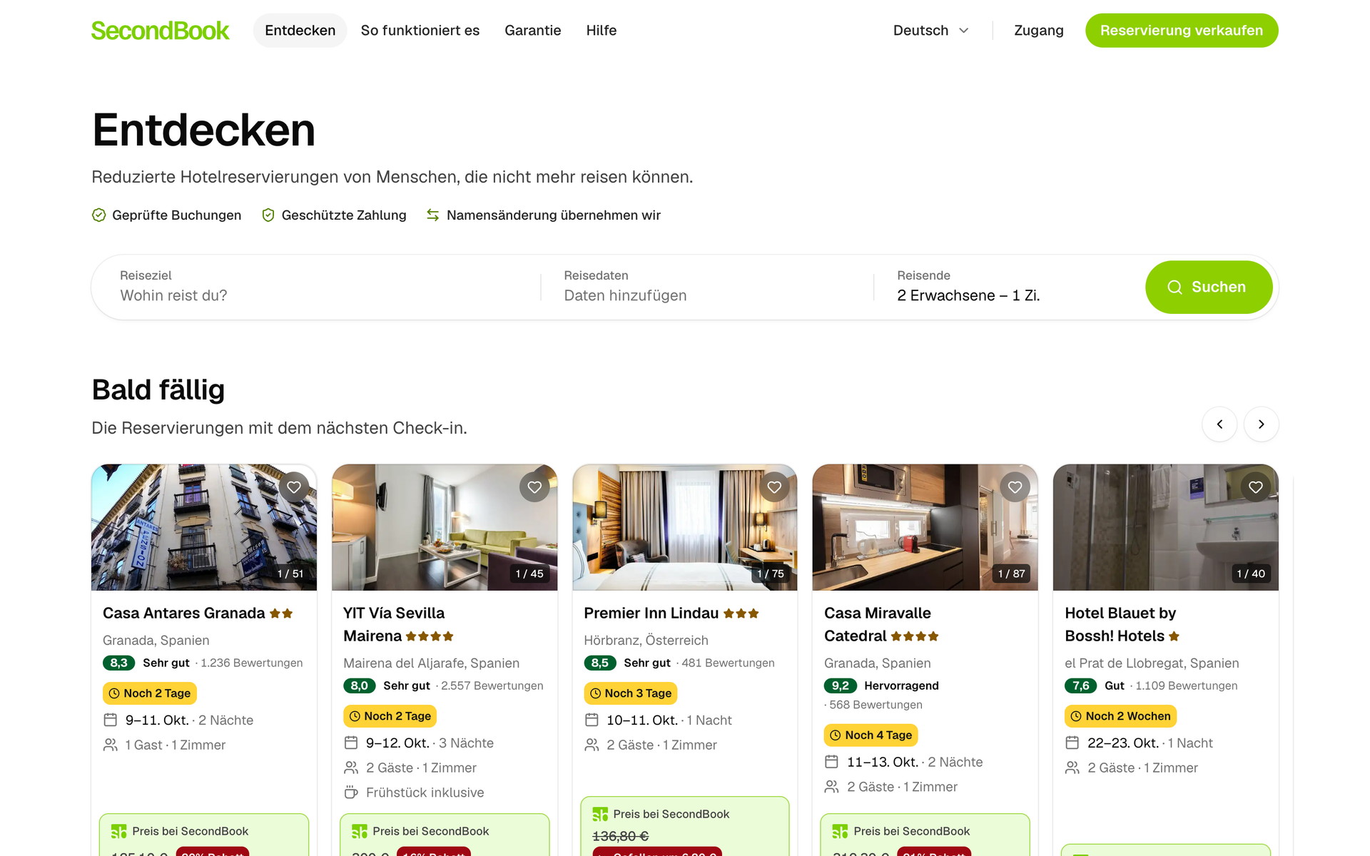 Seite Entdecken mit der Hotelsuche und einer Reihe reduzierter Buchungen, die bald beginnen.