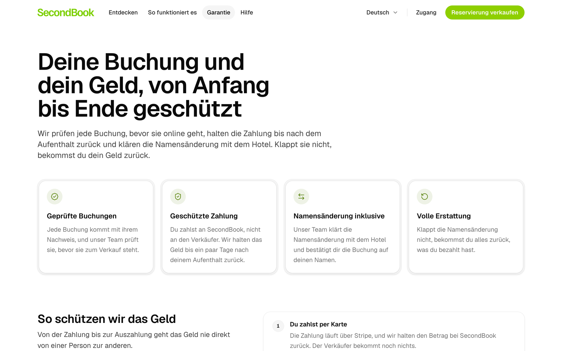 Die Garantieseite: geprüfte Buchungen, geschützte Zahlung, Namensänderung übernommen und volle Erstattung.