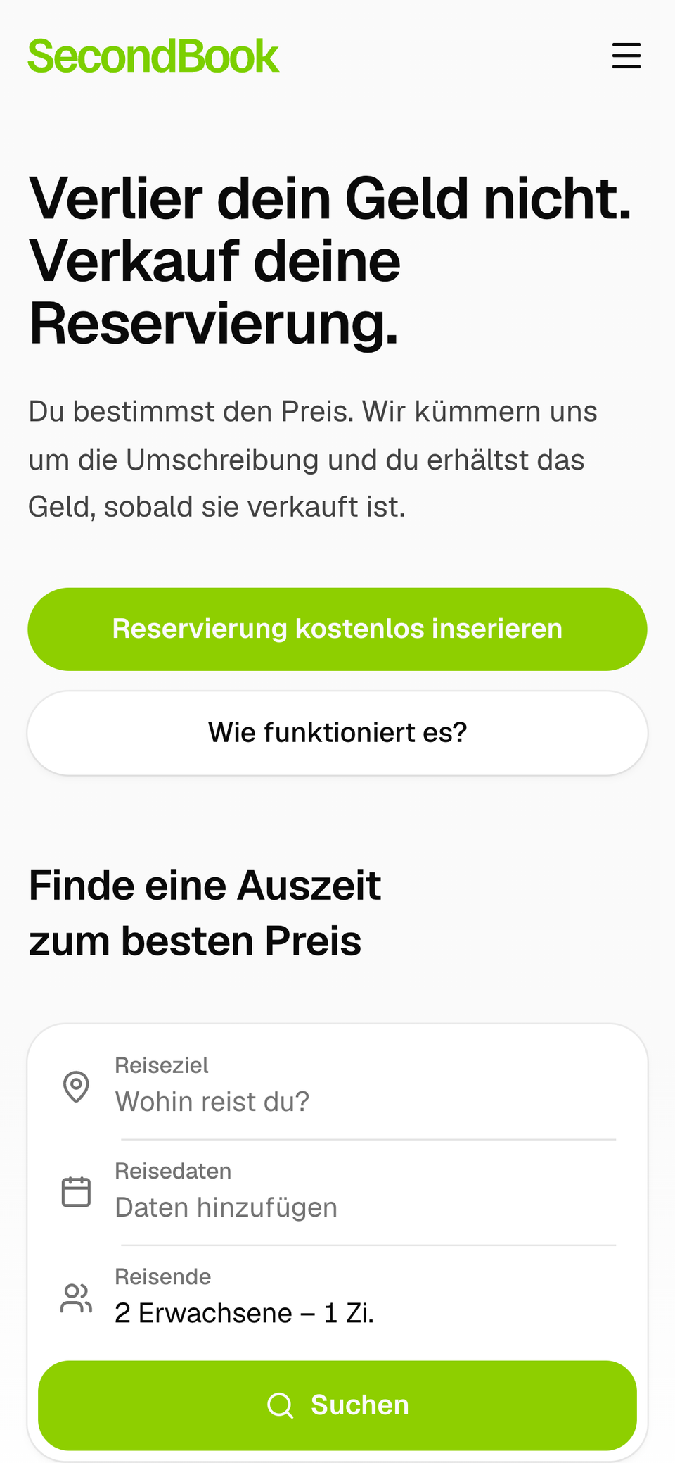 Startseite von SecondBook auf einem Smartphone, mit dem Button zum kostenlosen Einstellen einer Buchung und der Suche.