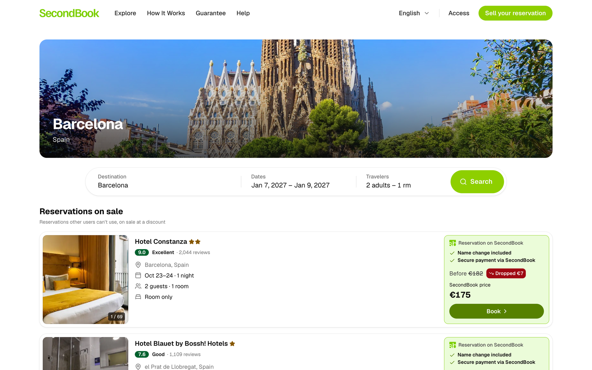 The Barcelona page: a photo of the city, the search bar and bookings for sale in the city’s hotels, with their price and how much it dropped.