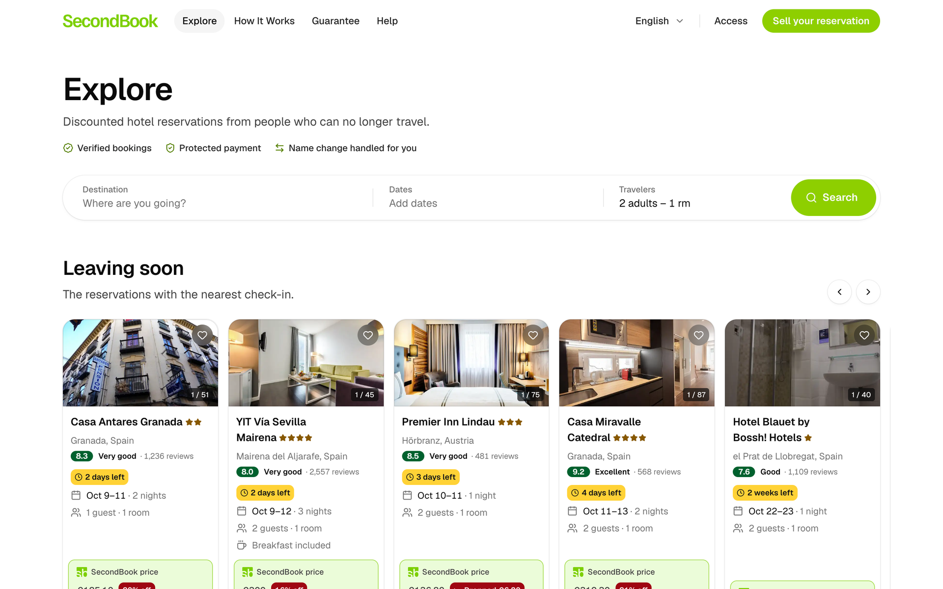 Explore page with the hotel search and a row of discounted bookings that start soon.