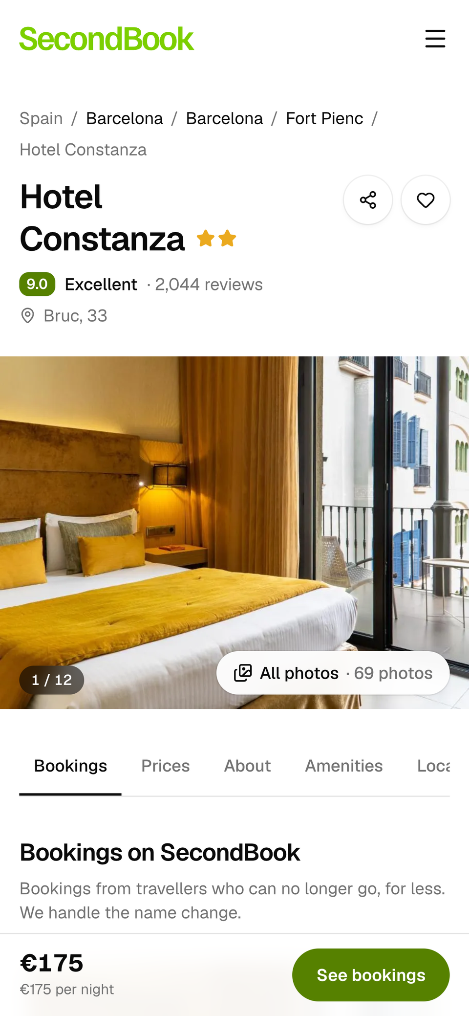 A hotel page on a phone, with the photos, the rating and the booking’s price at the bottom.