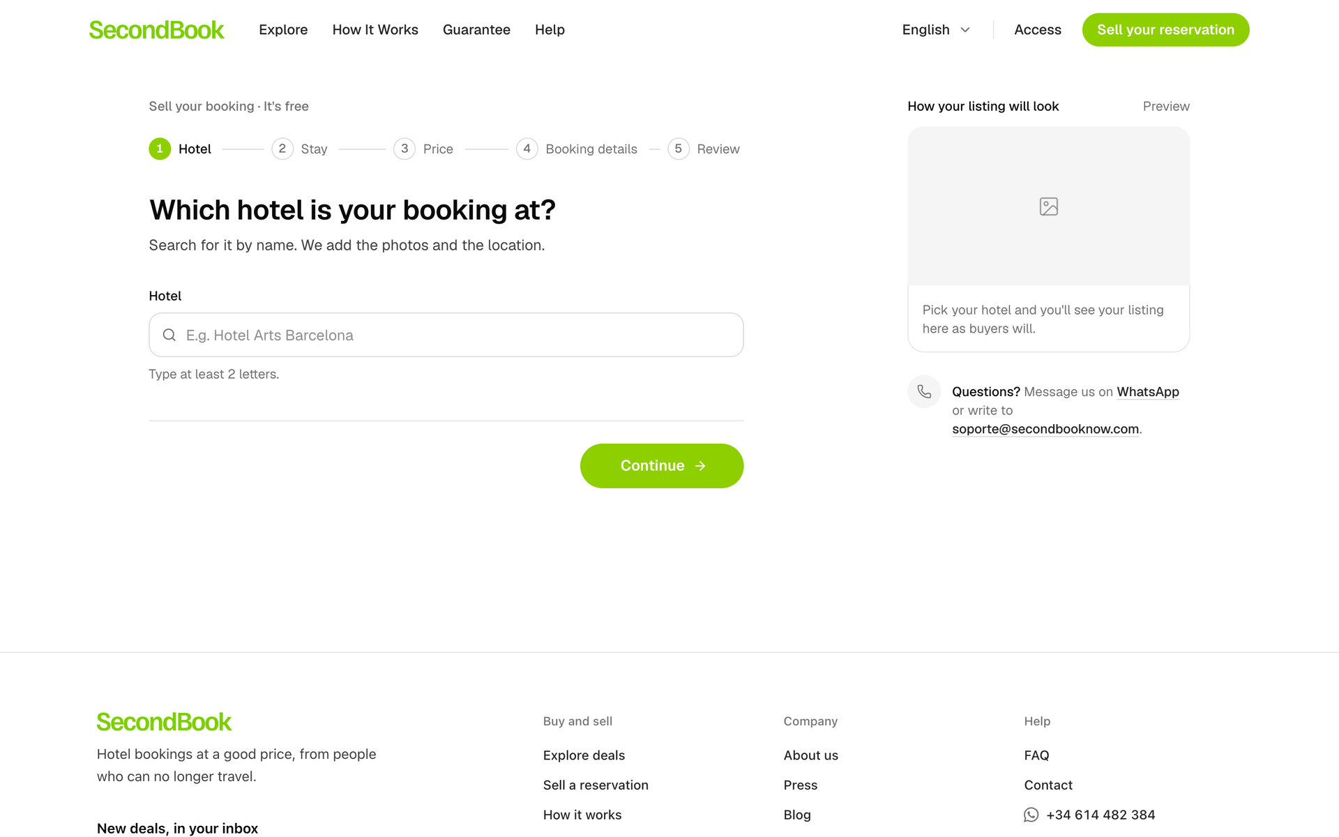 First step of selling a booking: searching for the hotel, with a preview of the listing.