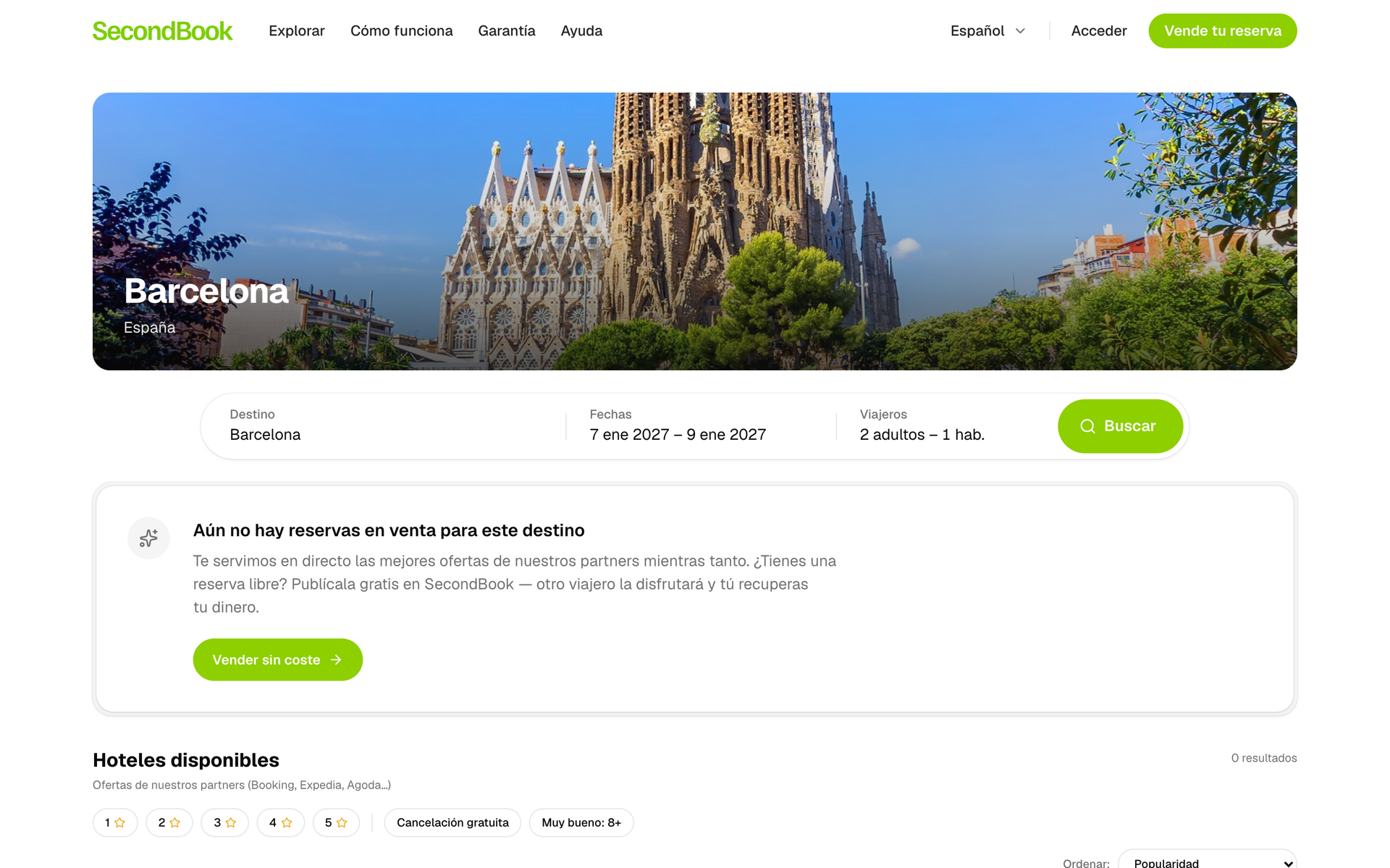 Página de Barcelona: foto de la ciudad, el buscador y las reservas en venta en hoteles de la ciudad, con su precio y lo que han bajado.