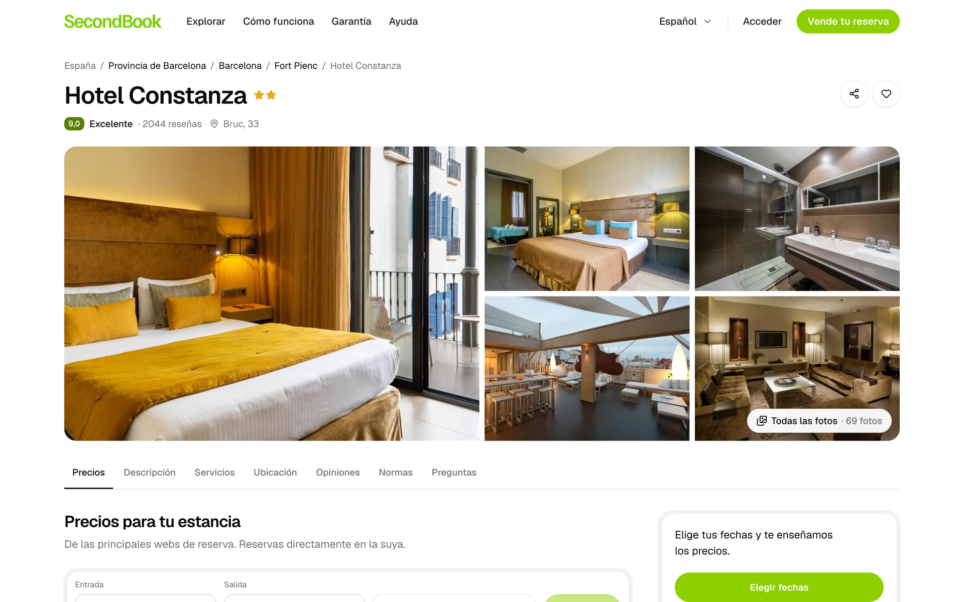 Página de un hotel en SecondBook: fotos, puntuación de los huéspedes y las reservas de ese hotel en venta, con su precio.