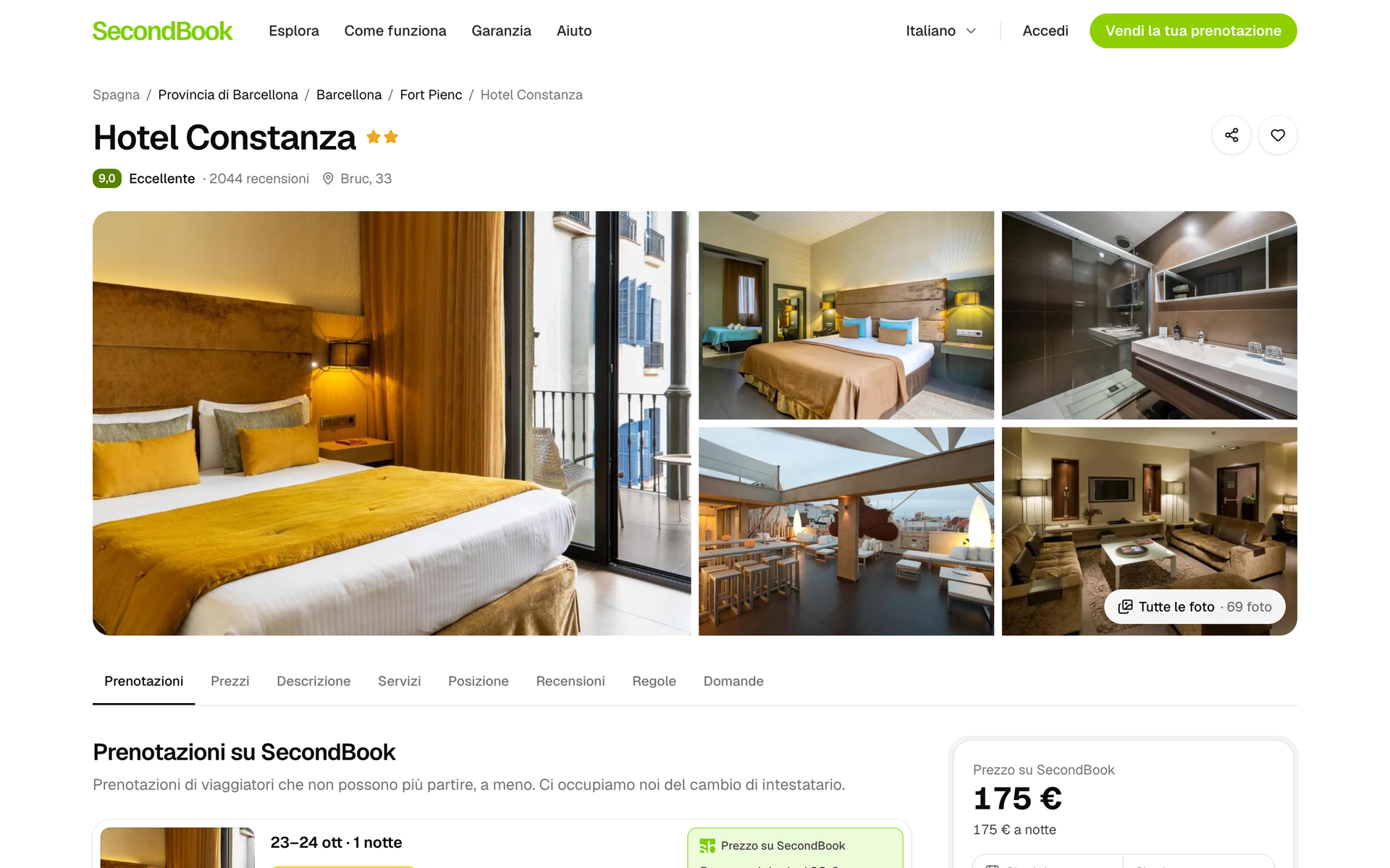 Pagina di un hotel su SecondBook: foto, valutazione degli ospiti e le prenotazioni di quell’hotel in vendita, con il prezzo.
