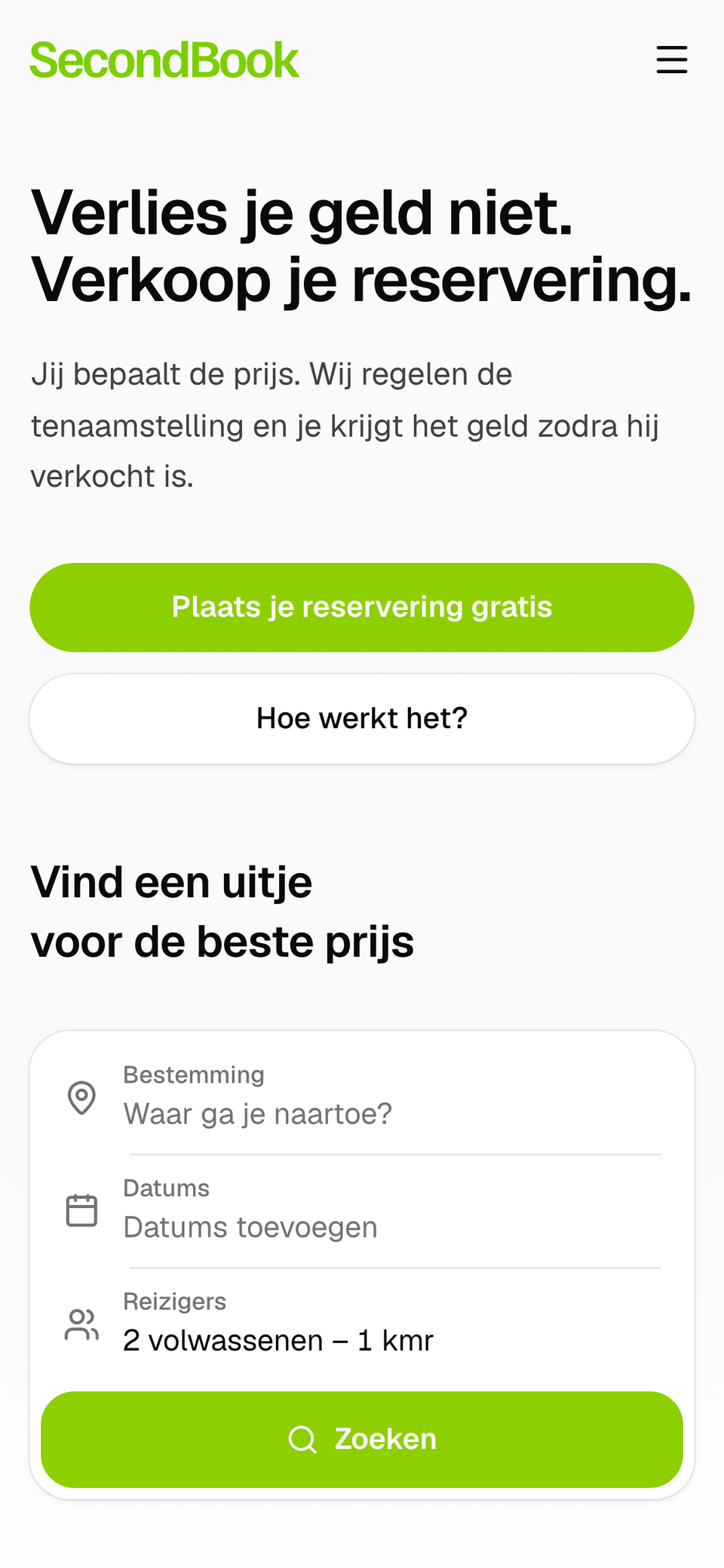 Homepage van SecondBook op een telefoon, met de knop om gratis een boeking te plaatsen en de zoekbalk.