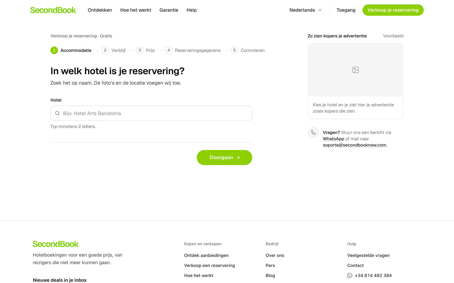 Eerste stap bij het verkopen van een boeking: het hotel zoeken, met een voorbeeld van de advertentie.