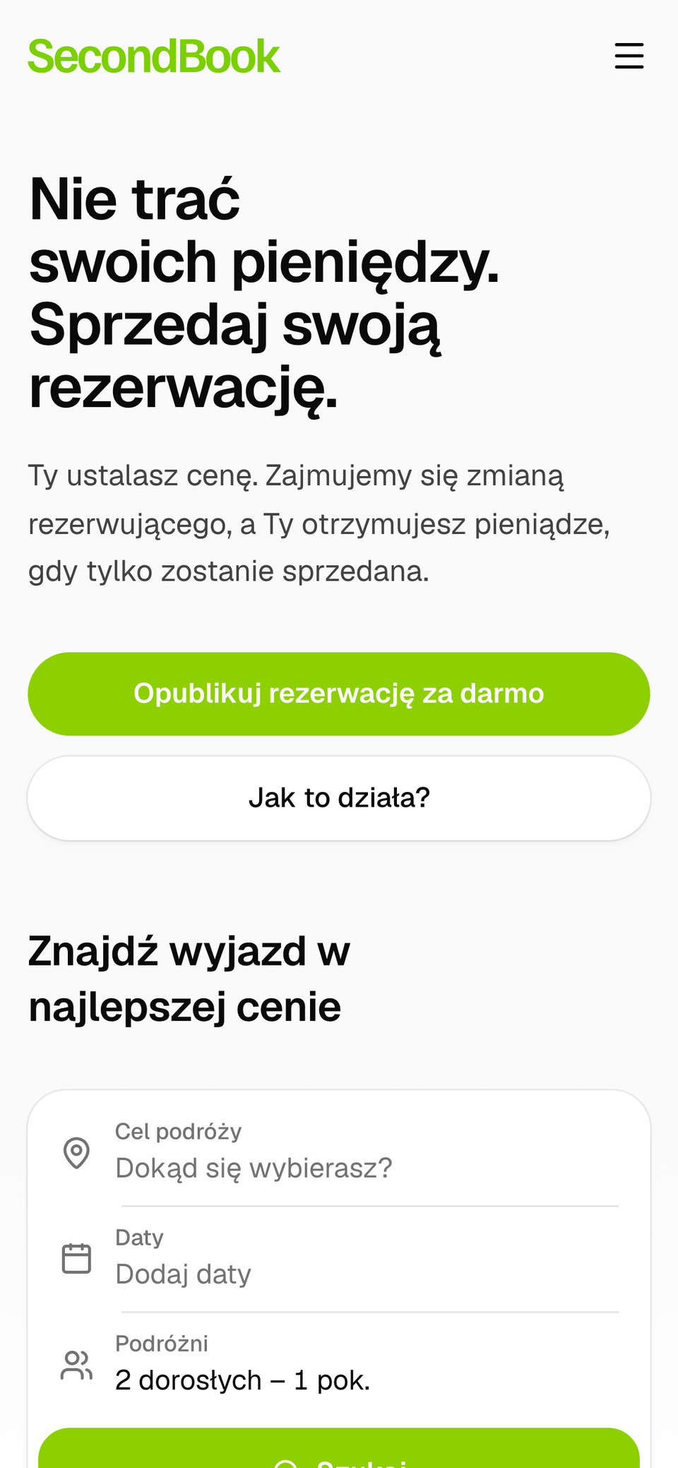 Strona główna SecondBook na telefonie, z przyciskiem do bezpłatnego wystawienia rezerwacji i wyszukiwarką.