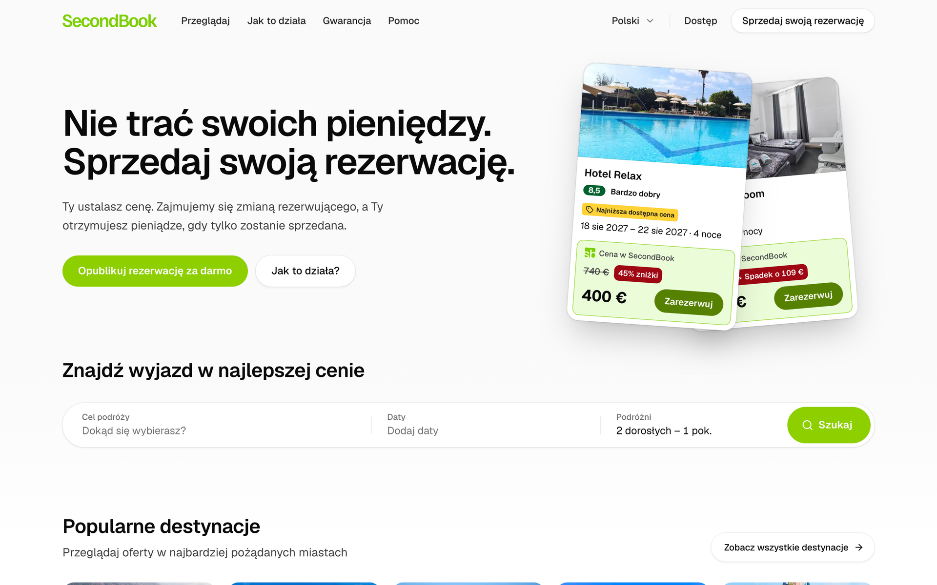 Strona główna SecondBook: „Nie trać swoich pieniędzy. Sprzedaj swoją rezerwację.”, z dwiema przecenionymi ofertami hoteli i wyszukiwarką.