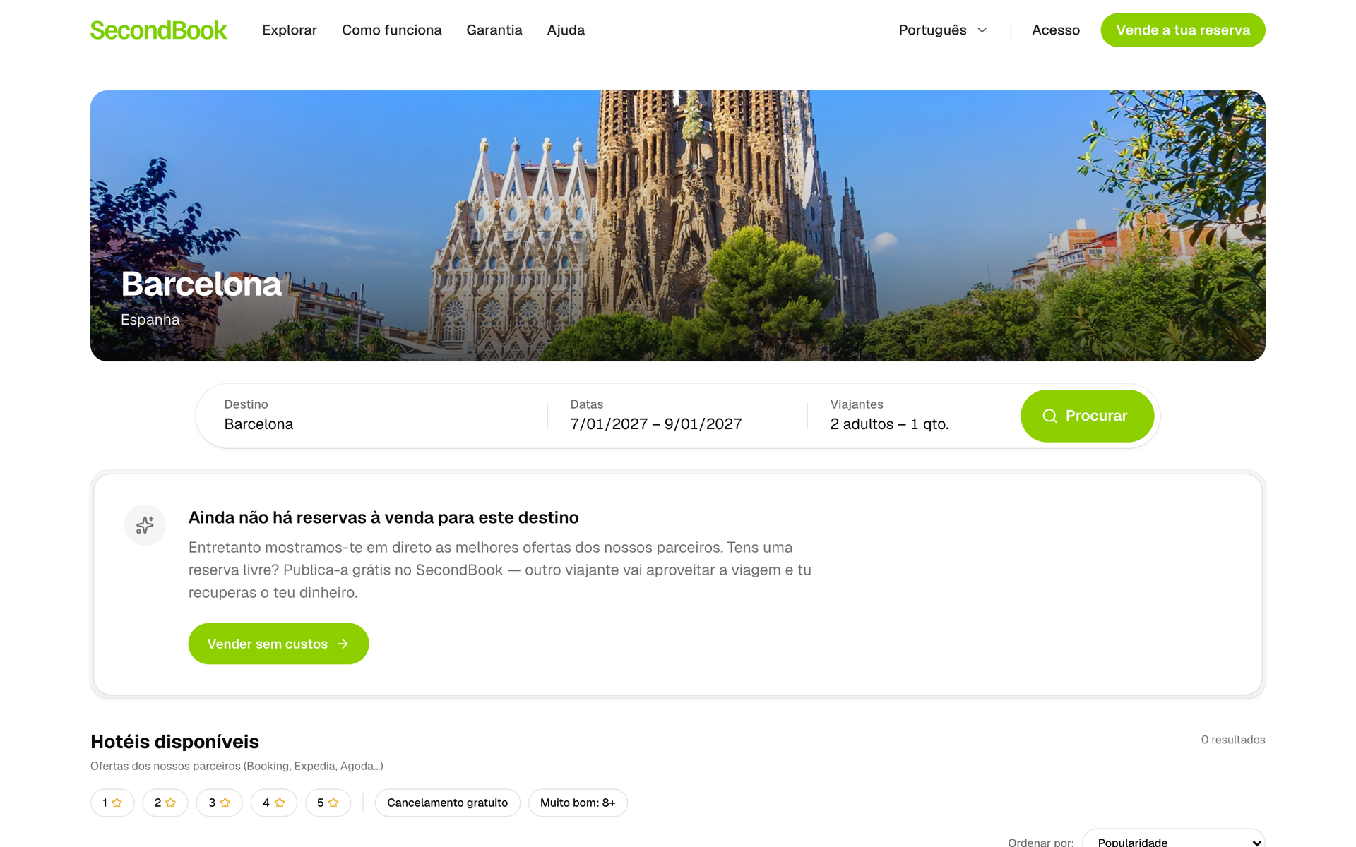 A página de Barcelona: uma foto da cidade, a pesquisa e as reservas à venda em hotéis da cidade, com o preço e a descida.