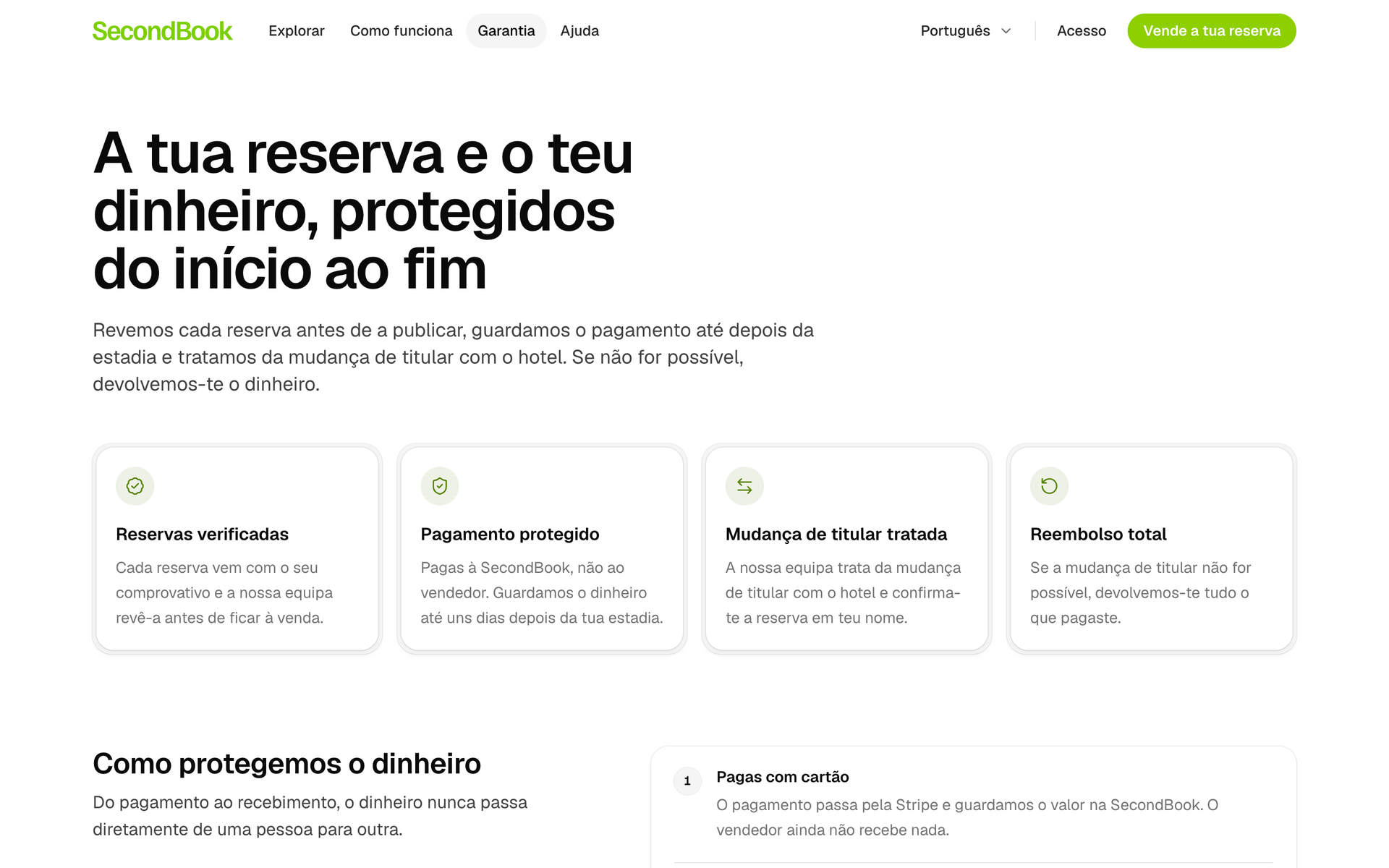 A página da garantia: reservas verificadas, pagamento protegido, mudança de titular tratada e reembolso total.