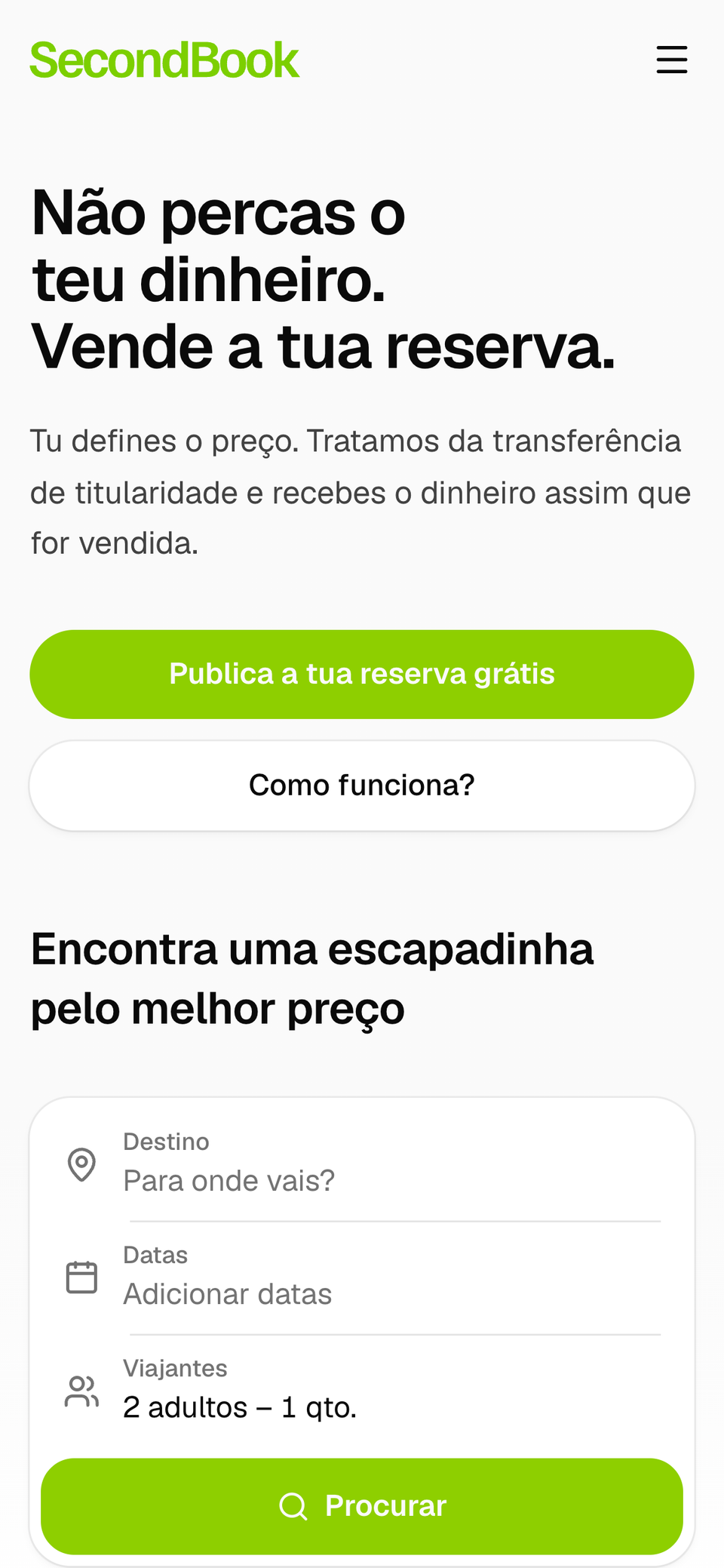 Página inicial da SecondBook num telemóvel, com o botão para publicar uma reserva grátis e a pesquisa.